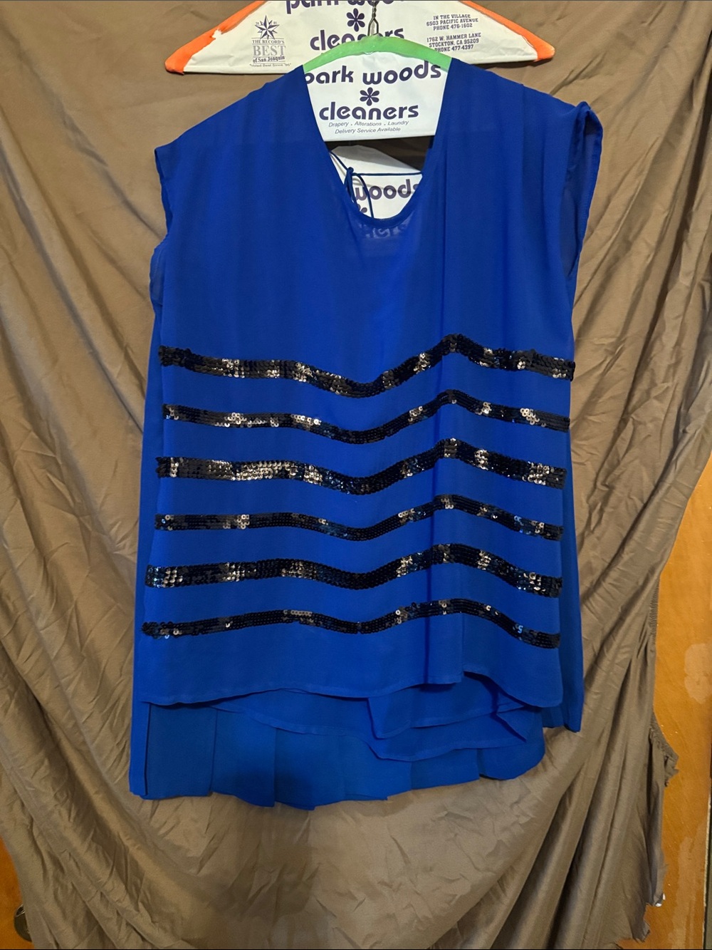 a.n.a Royal Blue Sleeveless Layered Top with Black Sequin Stripes